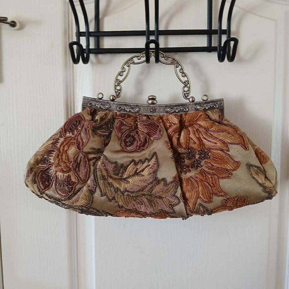 VTG Victorian Art Deco Style Beaded Floral Brocade Handbag Metal Frame Clasp